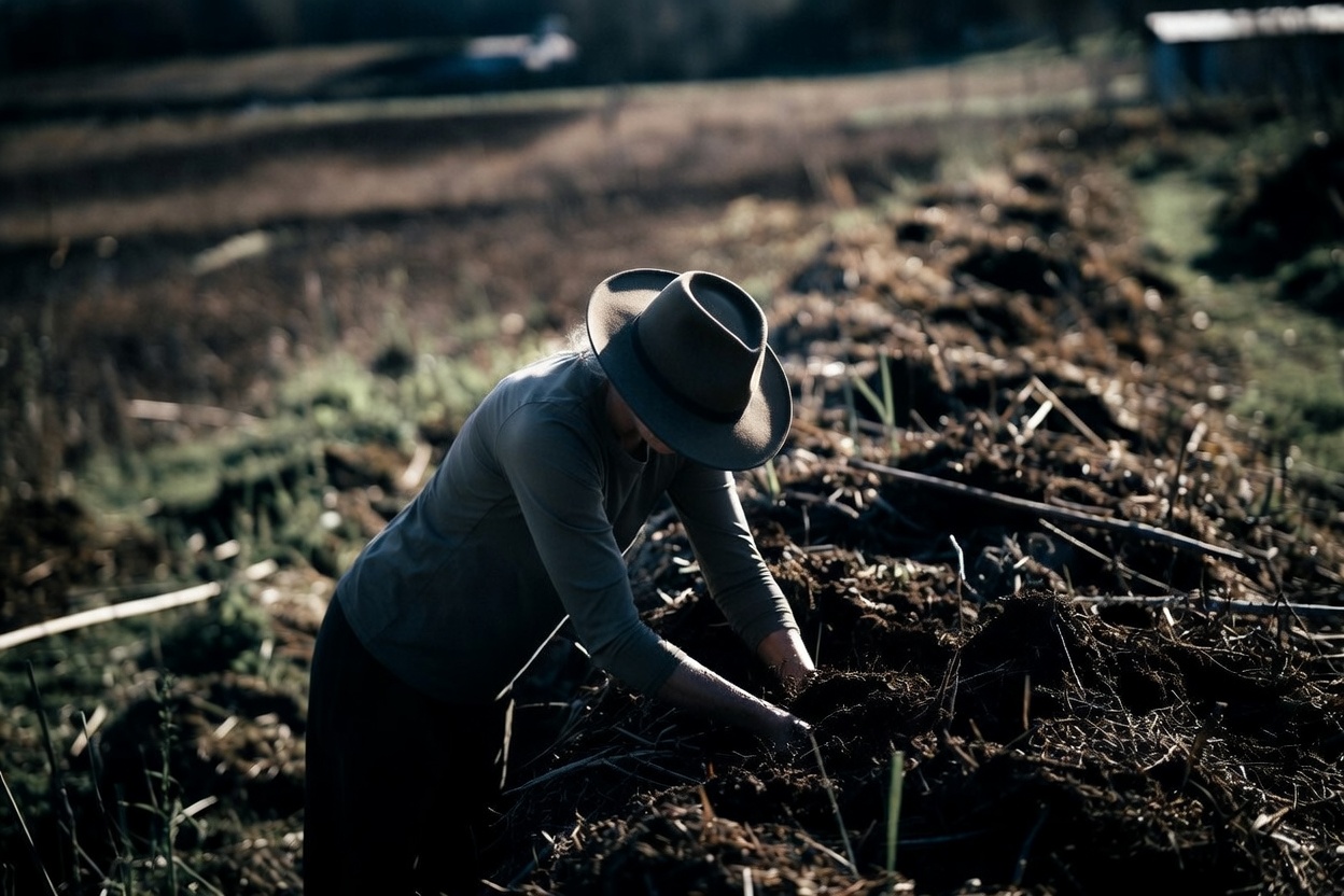 An AI-generated image of a woman in a wide-brimmed hat, head bowed and face unseen, intently working with both hands in a no-dig garden bed.